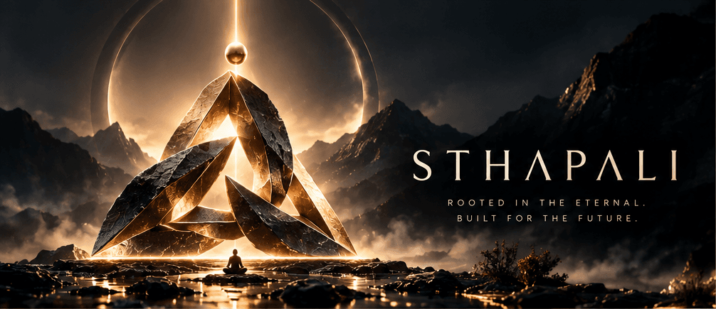 STHAPALI Emblem — Stone and gold emblem in an eternal landscape
